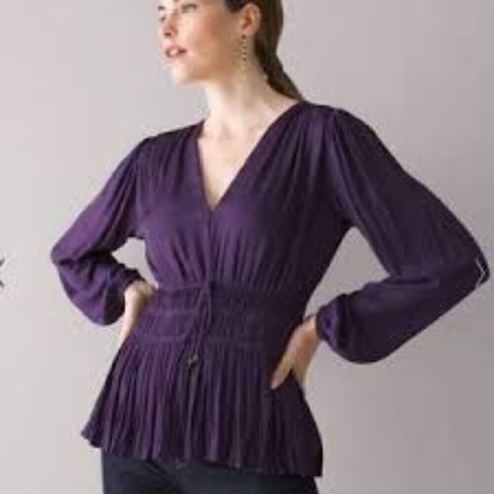WHBM Deep Purple Silky Peplum Long Sleeve Blouse S